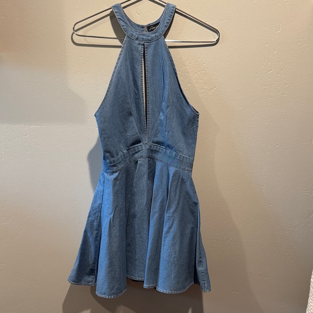 Love University Blue Denim Halter Mini Pleated Flowy Peep Front Open Back Dress